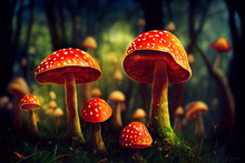 AI Generated Red Mushrooms Illustration On The Forest