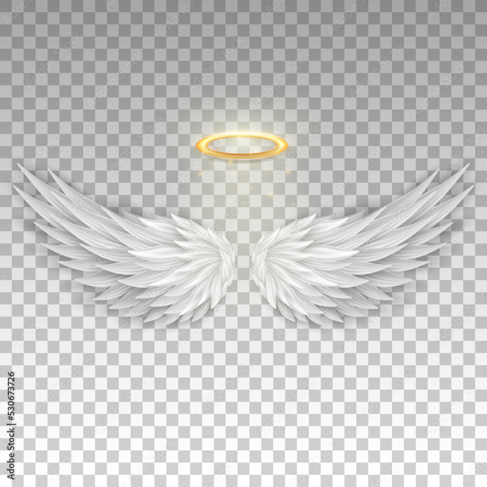 Three dimensional angel white wings and shiny nimbus. Masquerade ...