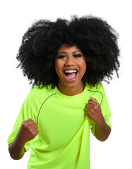 Wall Mural - woman holds in shirt and cheers cheering for her team, celebrating, young woman