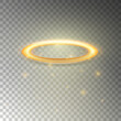Three dimensional shiny golden nimbus isolated on transparent background. Glossy realistic halo, angel ring, Saint aureole symbol. Vector illustration EPS 10
