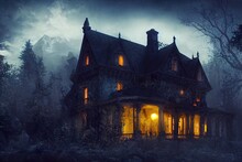 Haunted Mansion, Mountain, Gothic, Scary, Night Time, Glow In The Windows.