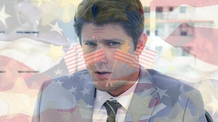 Poster - Animation of flags of usa over caucasian businessman