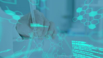 Poster - Animation of data processing over caucasian scientist in lab