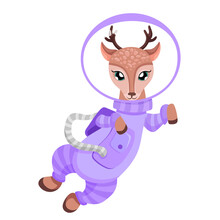 Animal Astronaut In Space Suit For Birthday Flyer, Kids Print And Baby Shower. Cartoon Illustration For You Design. Alpaca, Lion, Koala, Deer, Cat, Elephant, Panda, Tiger, Raccoon, Horse, Fox, Rabbit