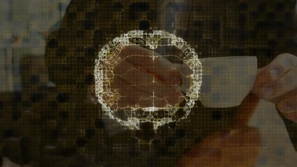 Poster - Animation of brain over caucasian businessman with coffee