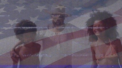 Poster - Animation of interference and senior african american woman with grandchildren over flag of usa