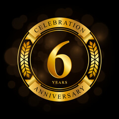 6 Year Anniversary celebration template design, with shiny ring and gold ribbon, laurel wreath isolated on black background, logo vector