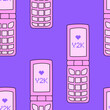 Seamless pattern with retro flip phone in retrowave aesthetic. Vector nostalgic background in y2k, 00s, 90s concept