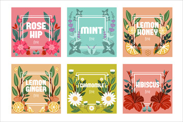 Wall Mural - The set banners of herbal tea for packing. Herbs in frames. Treatment tea.