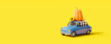 Thanksgiving Day Concept On Yellow Background. Blue Car Carrying Big Pumpkin With Sunflower And Wheat 3D Render 3D Illustration