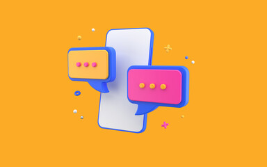 Poster - Bright chatting bubble icons with smartphone. Social media communication concept. Modern design, 3d rendering on yellow background.