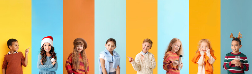 Wall Mural - Set of children in warm clothes on colorful background