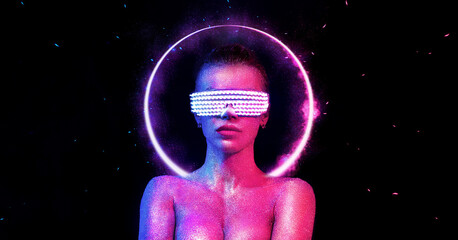Wall Mural - Hot girl DJ in neon lights with glasses and headphones. Beautyful woman in violet paint on her face and body. Portrait of sexy TDJ at club party.