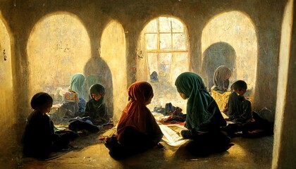 Muslim children in a classroom at school reading, writing, learing and studying, warm light through window, conceptual illustration