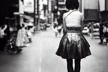 A Girl Standing In A Japanese Neighborhood In The Style Of An Old Photo