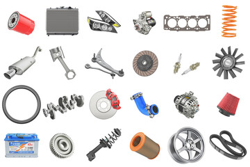 Set of auto parts isolation on a white background. 3d illustration