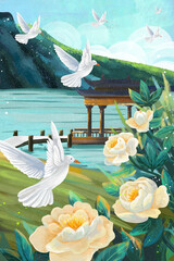 Chinese style flower and bird background material illustration