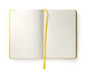 Sticker - Open blank yellow notebook isolated on white, top view