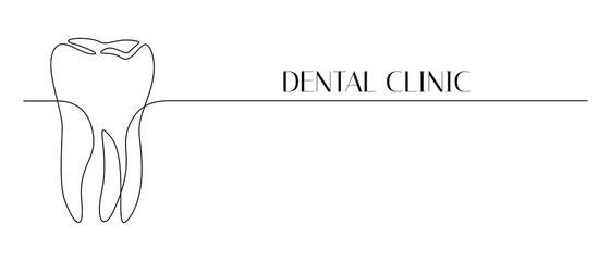 One continuous line drawing of tooth. Dental clinic logo or oral health and hygiene concepr in simple linear style. World Dentist Day template. Editable stroke. Doodle vector illustration