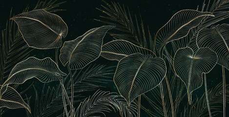 Wall Mural - dark art background in blue tones with tropical leaves in gold line art style. botanical exotic bann