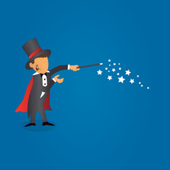 Magician in a cloak and hat. Vector illustration on a blue background