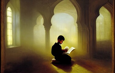 Muslim boy reading learning about Qur'an or Koran religion and god, sitting on floor in mosque, warm light through window, conceptual illustration