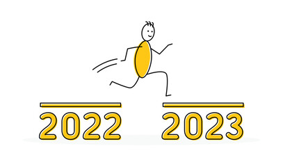 Poster - Stickman or person jumping from year 2022 to 2023 banner. Vector illustration.