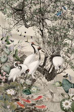 Wallpaper Vintage With Birds Grus Grus In Lake With Bamboo Plants Flying Forste Japan With Fish And Beige Background