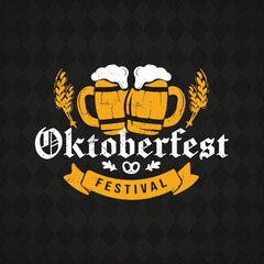 Oktoberfest hand drawn vector lettering and beer glass. Modern brush calligraphy. grunge background.