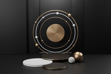 3d rendering luxury black pedestal white and gold modern geometry element on black background for product display mockup scene