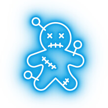 Neon Blue Voodoo Doll Icon, Illustration Of Neon Glowing Voodoo Doll With Transparent Background