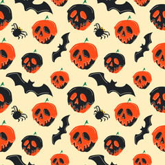 Seamless pattern with cute halloween an apple with a skull face cartoon characters. Vector