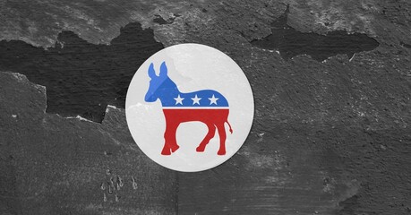 Poster - Composition of us democrat party donkey design in red and blue with stars on concrete texture