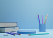 Bright, light sky blue 3D illustration back to school product display podium or stand, horizontal image from the side with pencils and books on table for product photography background or wallpaper