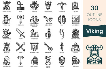 Viking icon set. Thin outline icons pack. Vector illustration