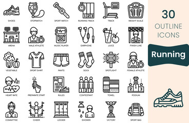  Running icon set. Thin outline icons pack. Vector illustration