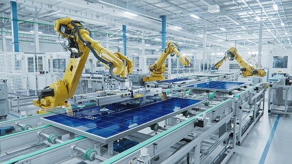 Wall Mural - Large Production Line with Industrial Robot Arms at Modern Bright Factory. Solar Panels are being Assembled on Conveyor. Automated Manufacturing Facility