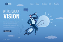 Businessman Takes Off Quickly On Light Bulb. Business Vision, Landing Page Template. Search For New Ideas For Business Development. Brainstorming,