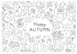 © Anna - Happy Autumn - Vector Doodle Set. Cute sketch with umbrella, maple, pumpkin,  pie, acorn, leaves. Fall Season elements for coloring book. Black outline isolated on a white. Hand draw illustration.
