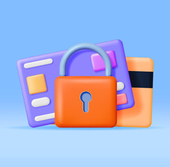 Poster - 3D Bank or Credit Card with Padlock Isolated. Safe Payment System with Chip. Render Padlock and Plastic Card. Safety Payments Concept. Secure Payments, Money Under Protection. Vector Illustration
