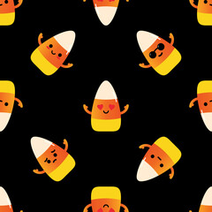 Wall Mural - Vector seamless pattern background with variety of cute cartoon style candy corn, halloween sweets characters.
