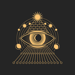 Wall Mural - Tarot magic symbol, prediction eye ethnic amulet. Vector tattoo eye with egyptian pyramid, moon and star, occultism vision sign, tribal all seeing eye