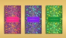 Colorful Set Of Chocolate Bar Packaging Design In Abstract Style. Vector Luxury Template With Ornament Elements. Can Be Used For Background And Wallpaper. Great For Food And Drink Package Types.