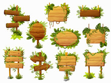 Cartoon Wooden Signs And Boards With Tropical Jungle Lianas, Vector Signboards. Wooden Arrow And Board Signs In Liana Vines Or Thicket Frames, Entrance Or Direction Wooden Signboards In Leaves