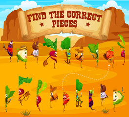 Poster - Find the correct pieces of western cowboy, bandit, sheriff and ranger vegetable characters. Child educational vector quiz with eggplant, garlic and beetroot, tomato, pumpkin and broccoli personages