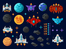 Arcade Shooter 8 Bit Pixel Art Game, Space Invaders, Alien UFO Rockets, Vector Icons. Galaxy Shooter Arcade Game And Pixel 8bit Assets Of Spaceships And Stars, Space Planets And Cosmic Asteroids