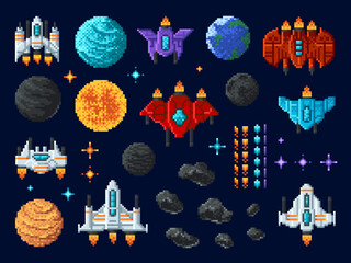 Poster - arcade shooter 8 bit pixel art game, space invaders, alien ufo rockets, vector icons. galaxy shooter