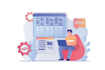 Aufkleber - Programmer working concept with people scene. Man programming at computer, creates software, coding at laptop, testing and fixing bugs. Vector illustration with characters in flat design for web