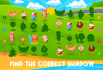 Poster - Found the correct shadow. Cartoon funny desserts, sweets, cookie and cake characters on silhouette compare puzzle or quiz vector worksheet. Shadow match kids game with croissant, jelly and cake, donut