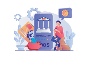Poster - Mobile banking concept with people scene. Man paying for purchases in mobile application, financial management, accounting and transaction. Vector illustration with characters in flat design for web
